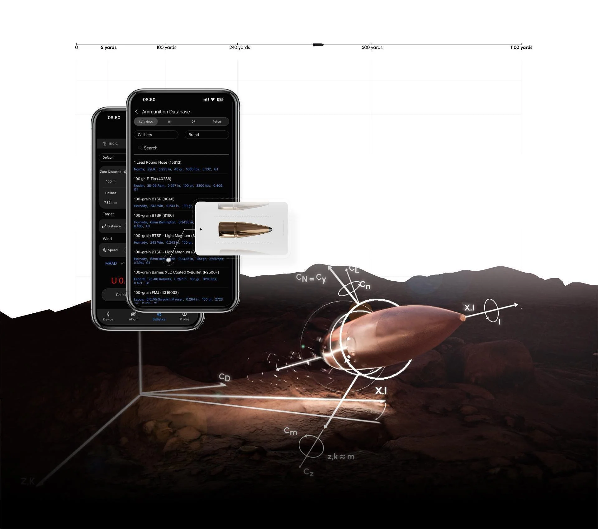 DNT Optics TNC225R ballistic engine, ammunition database and gyroscope-corrected trajectory illustration