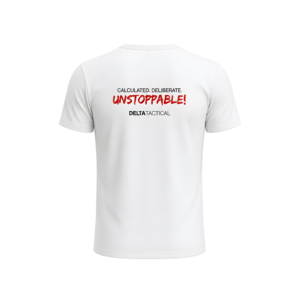 Delta Tactical “Calculated. Deliberate. Unstoppable.” White V-Neck Tee