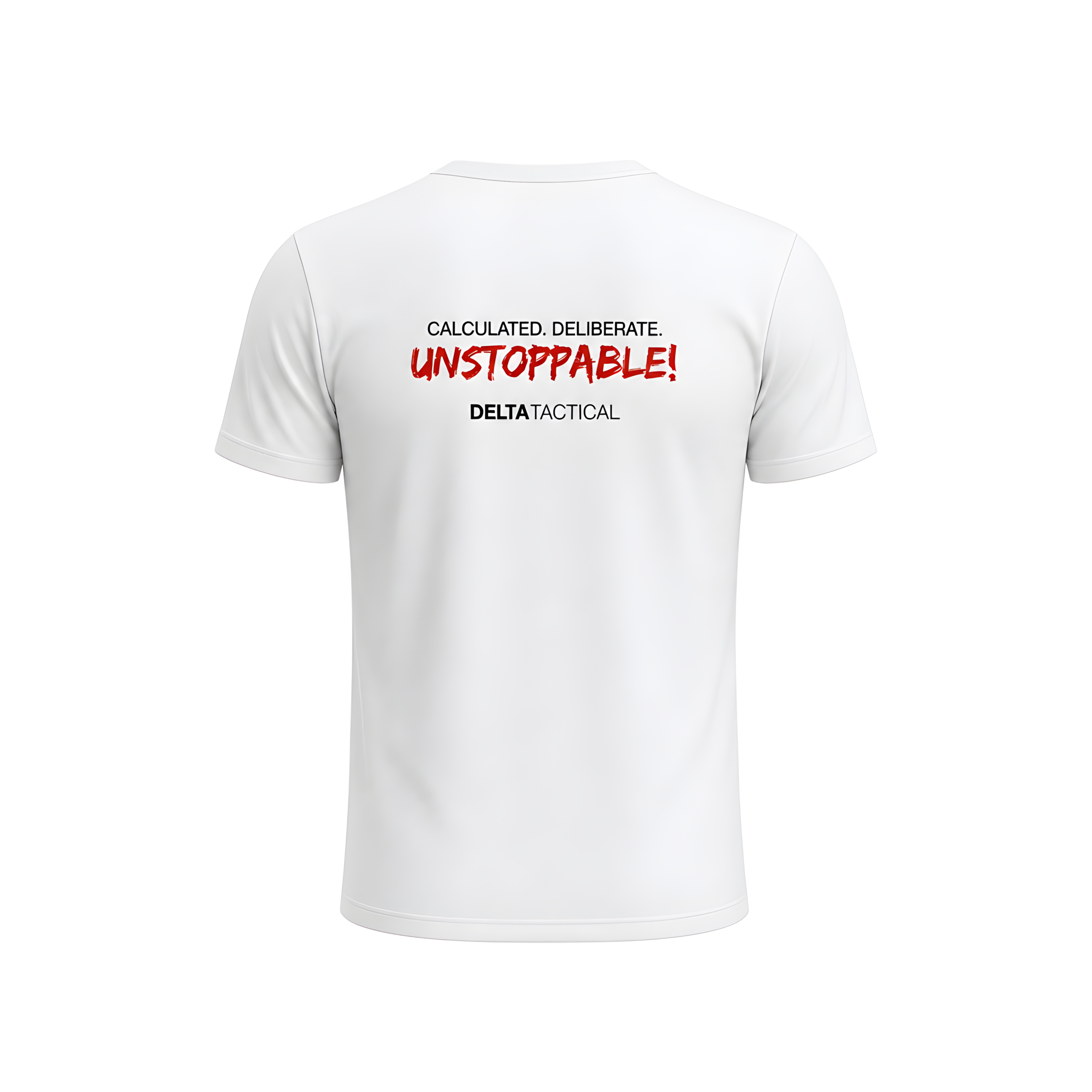 Delta Tactical "Calculated. Deliberate. Unstoppable." White V-Neck Tee