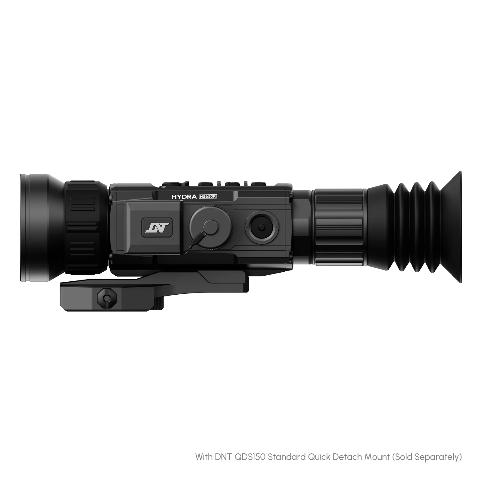 DNT Optics HYDRA HS650R, side profile showing the QDM150 mount and torque specification