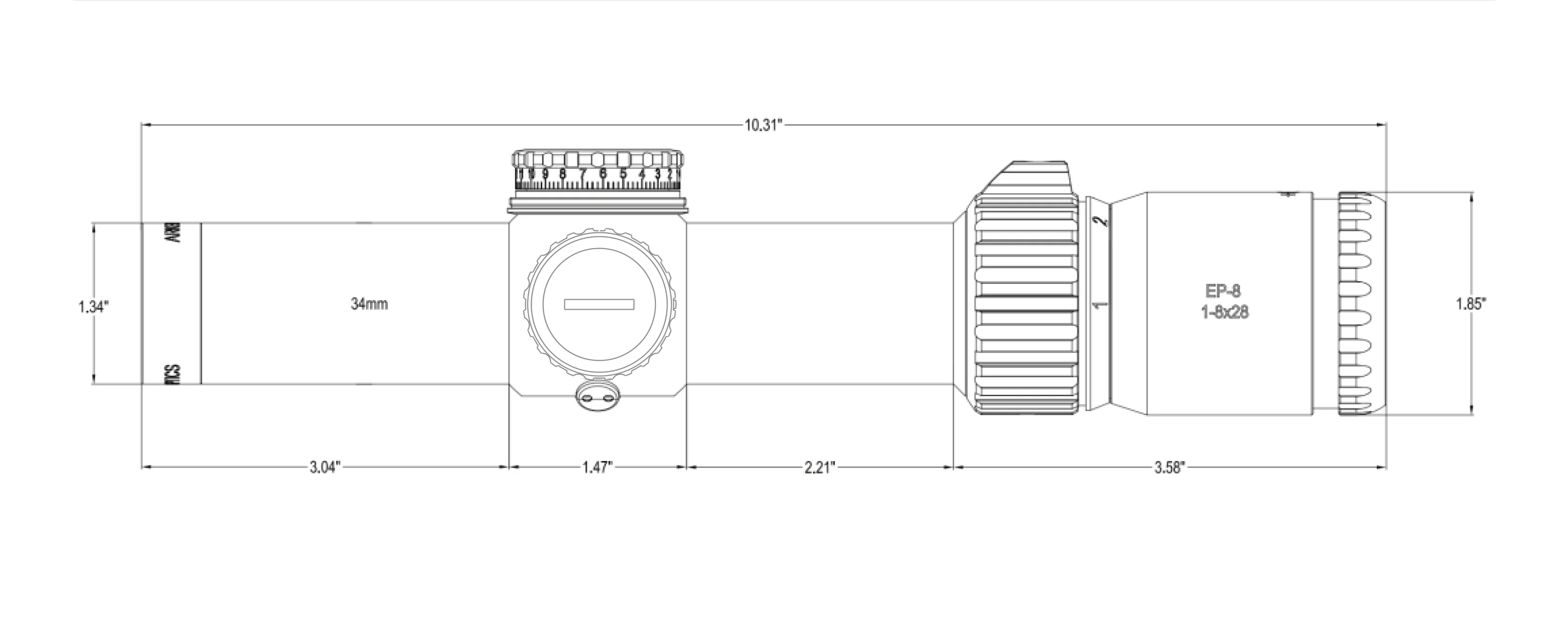 Arken EP-8 1-8x28 dimensions diagram