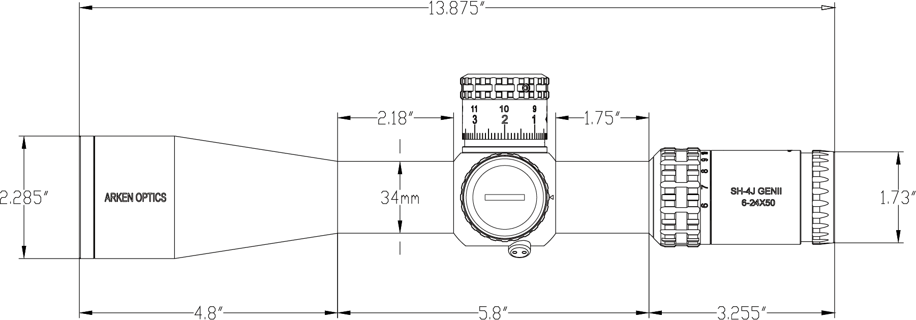Arken SH-4J GenII 6-24x50 dimensions diagram