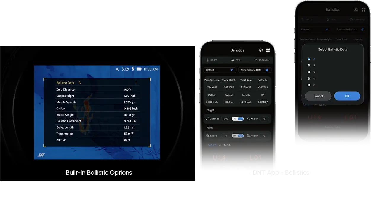 DNT Optics HYDRA HS650R in-scope ballistic data display and DNT app ballistics screens