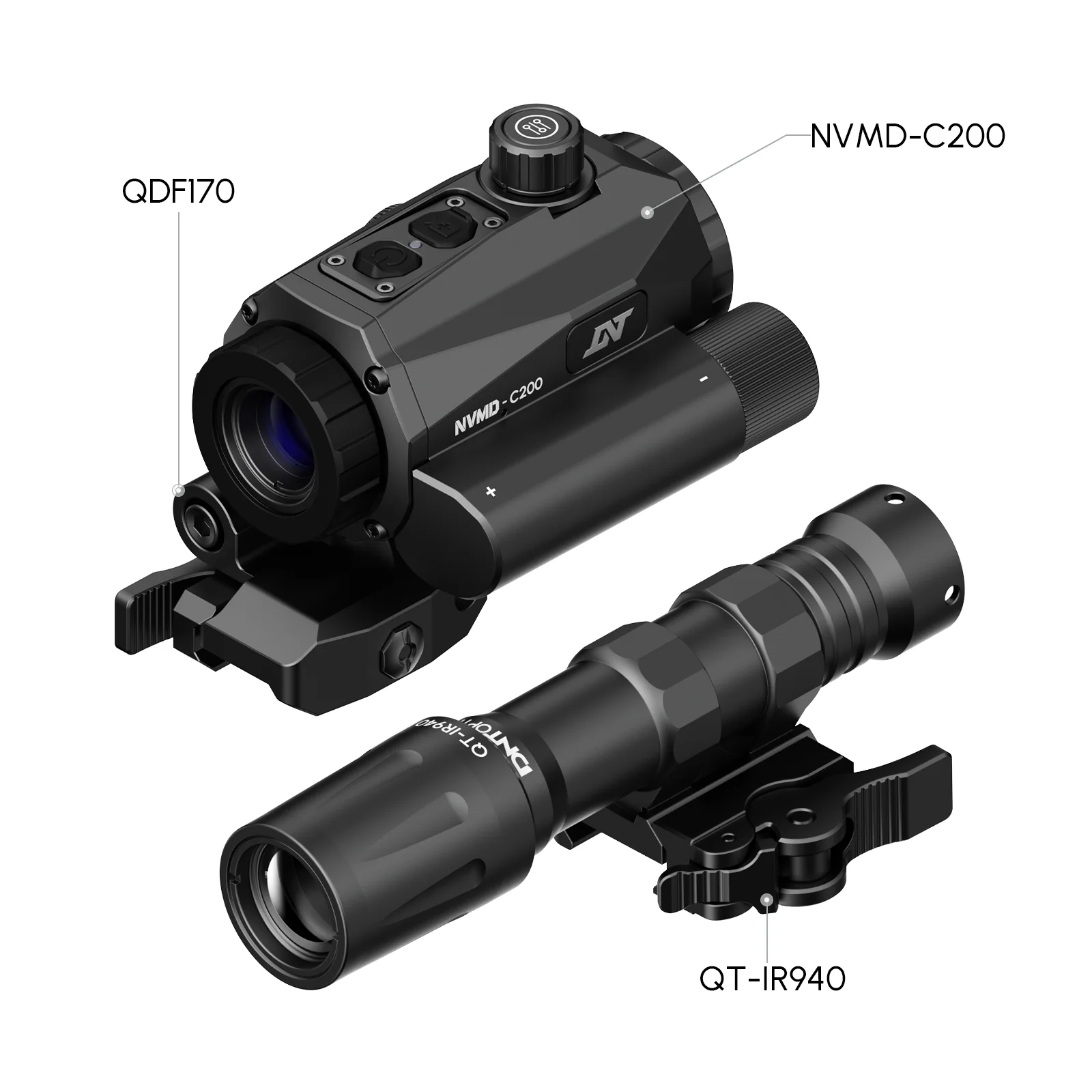 DNT Optics NVMD-C200 Combo component diagram showing the NVMD-C200 unit, QDF170 flip mount, and Quasar Tac 940nm IR flashlight