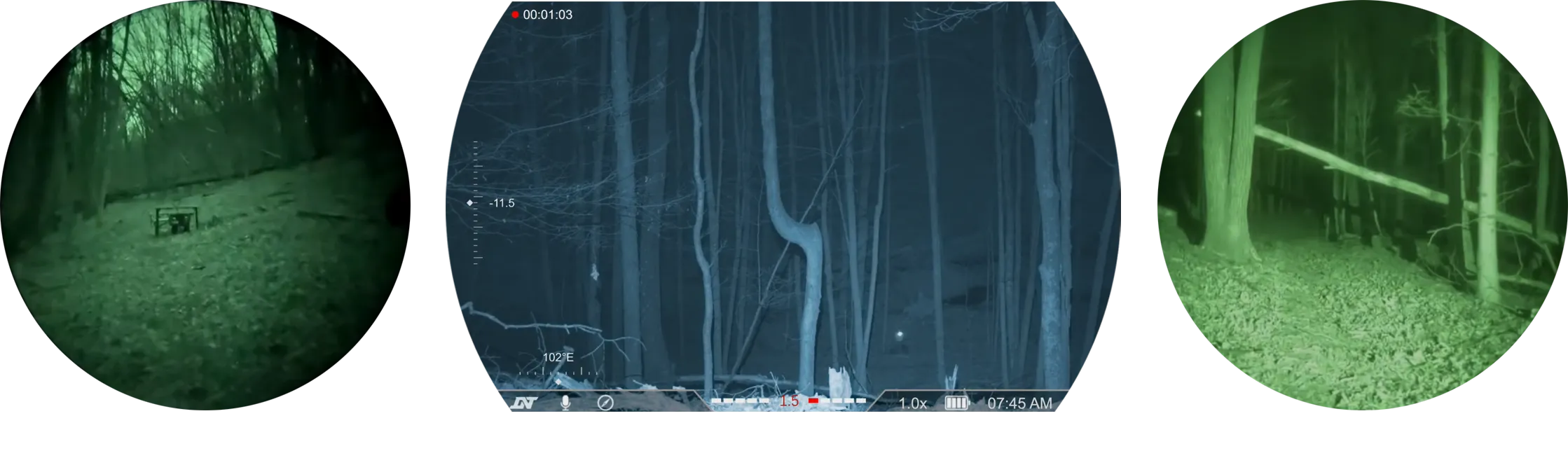 DNT Optics NVMD-C200 night vision display modes comparison: green phosphor, black and white, and white phosphor