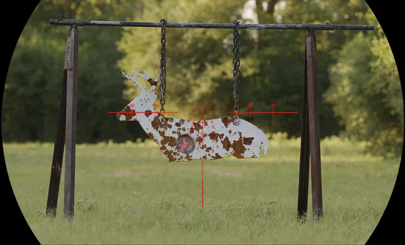 DNT Optics NVMD-C200 red BDC reticle on a steel target through the device