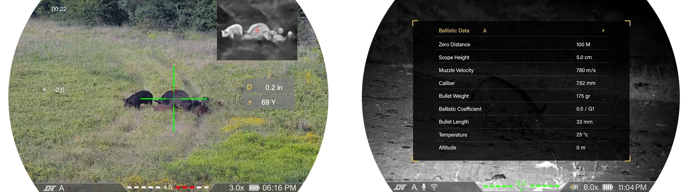 DNT Optics TNC4K219R on-device screens: PIP thermal detection with ranging readout, and the ballistic data entry screen