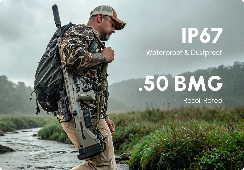 Hunter wading through water carrying a rifle fitted with a DNT Optics TNC4K219R ThermNight 4K scope, IP67 waterproof and .50 BMG recoil rated