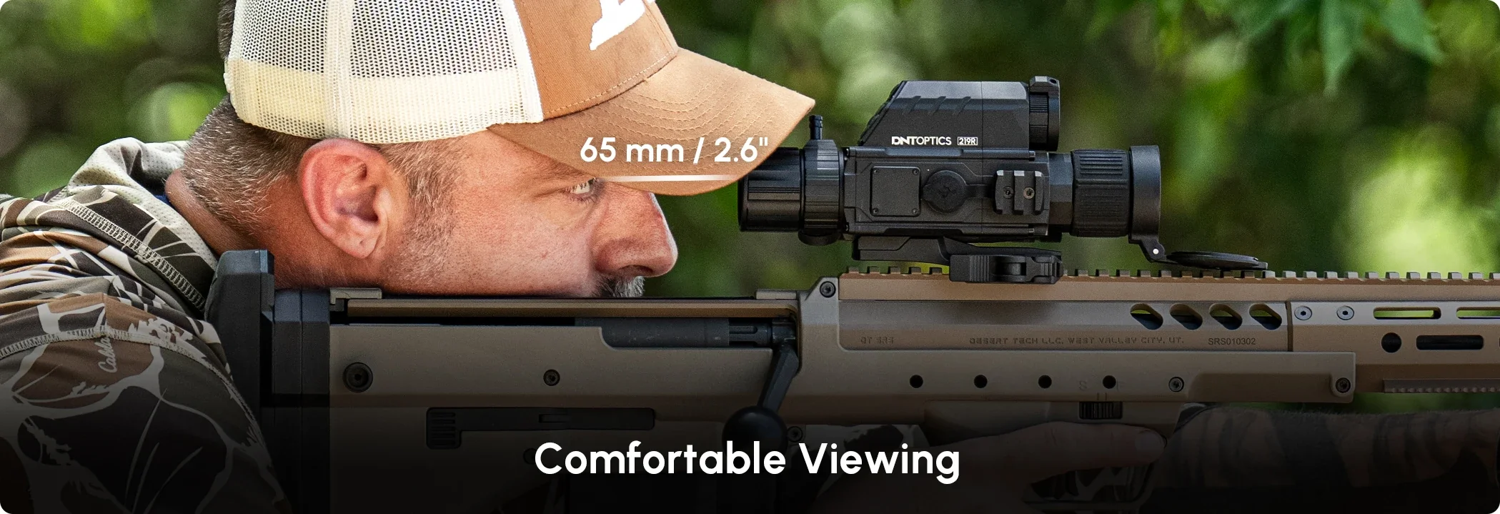 Shooter aiming a rifle mounted with a DNT Optics TNC4K219R ThermNight 4K scope, 65mm eye relief