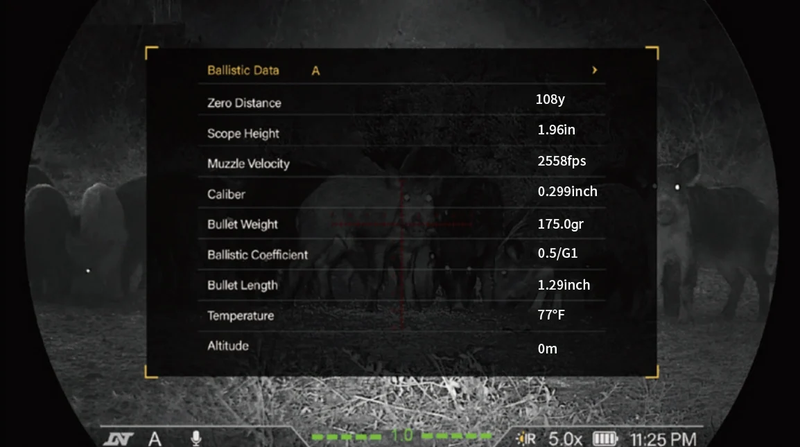 DNT Optics ZHD312R-V2 on-screen ballistic data entry: zero distance, muzzle velocity, caliber, bullet weight, ballistic coefficient