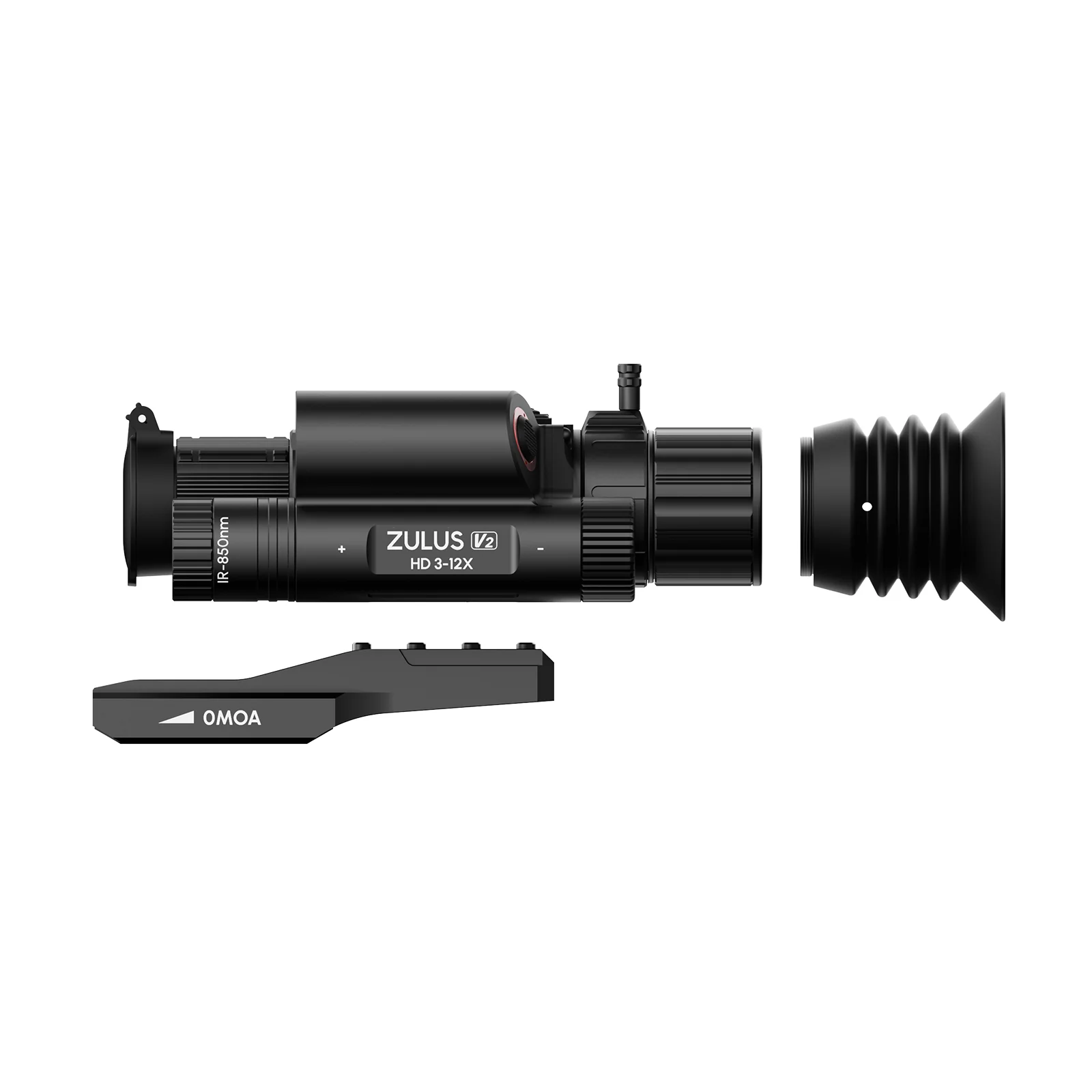 DNT Optics ZHD312R-V2, exploded view showing the scope body, eyecup and PMS 0 MOA mount