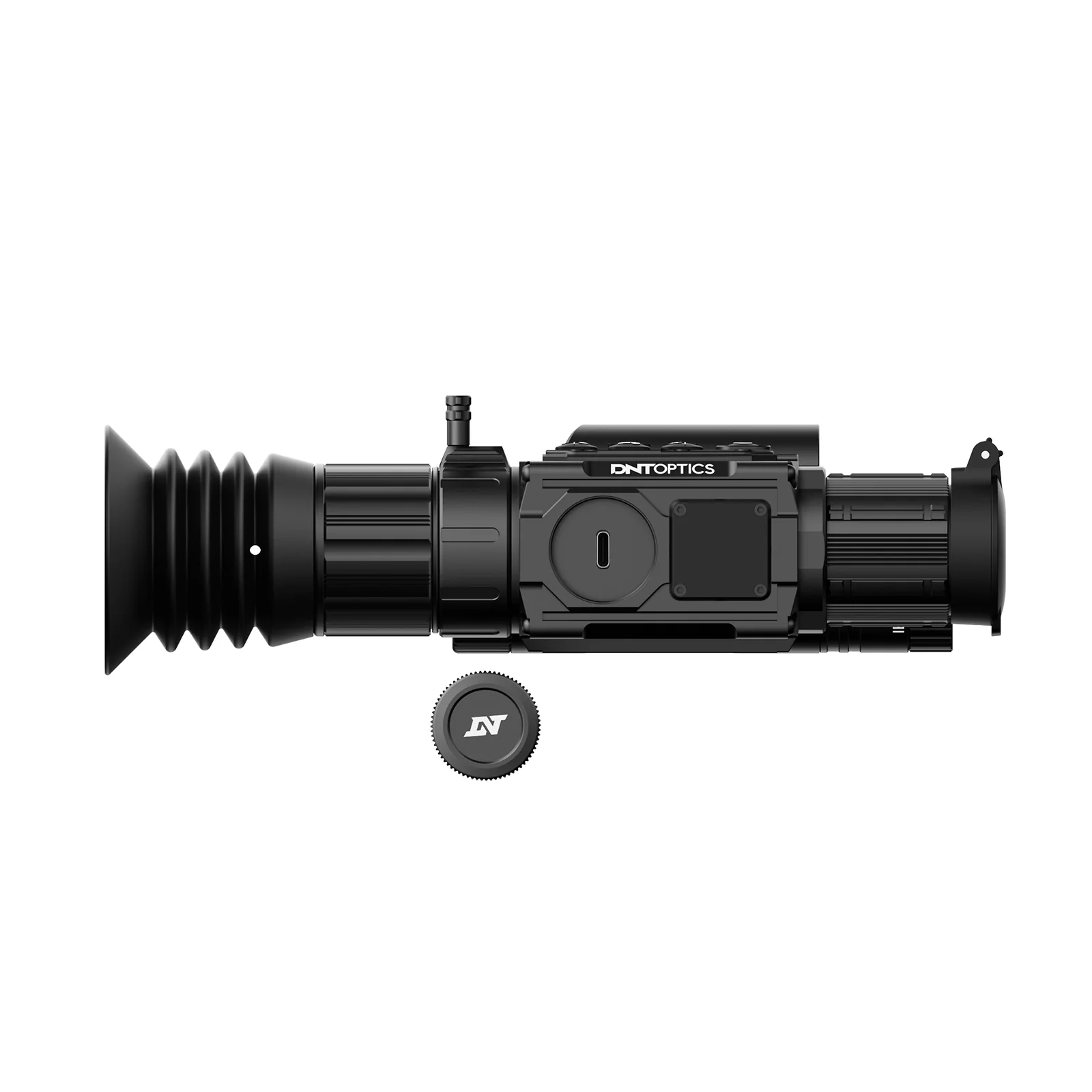 DNT Optics ZHD312R-V2, close-up of the USB-C charging port and side cap
