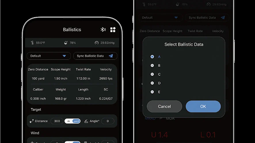 DNT App ballistics screens showing zero distance, scope height, twist rate, velocity and ballistic profile selection