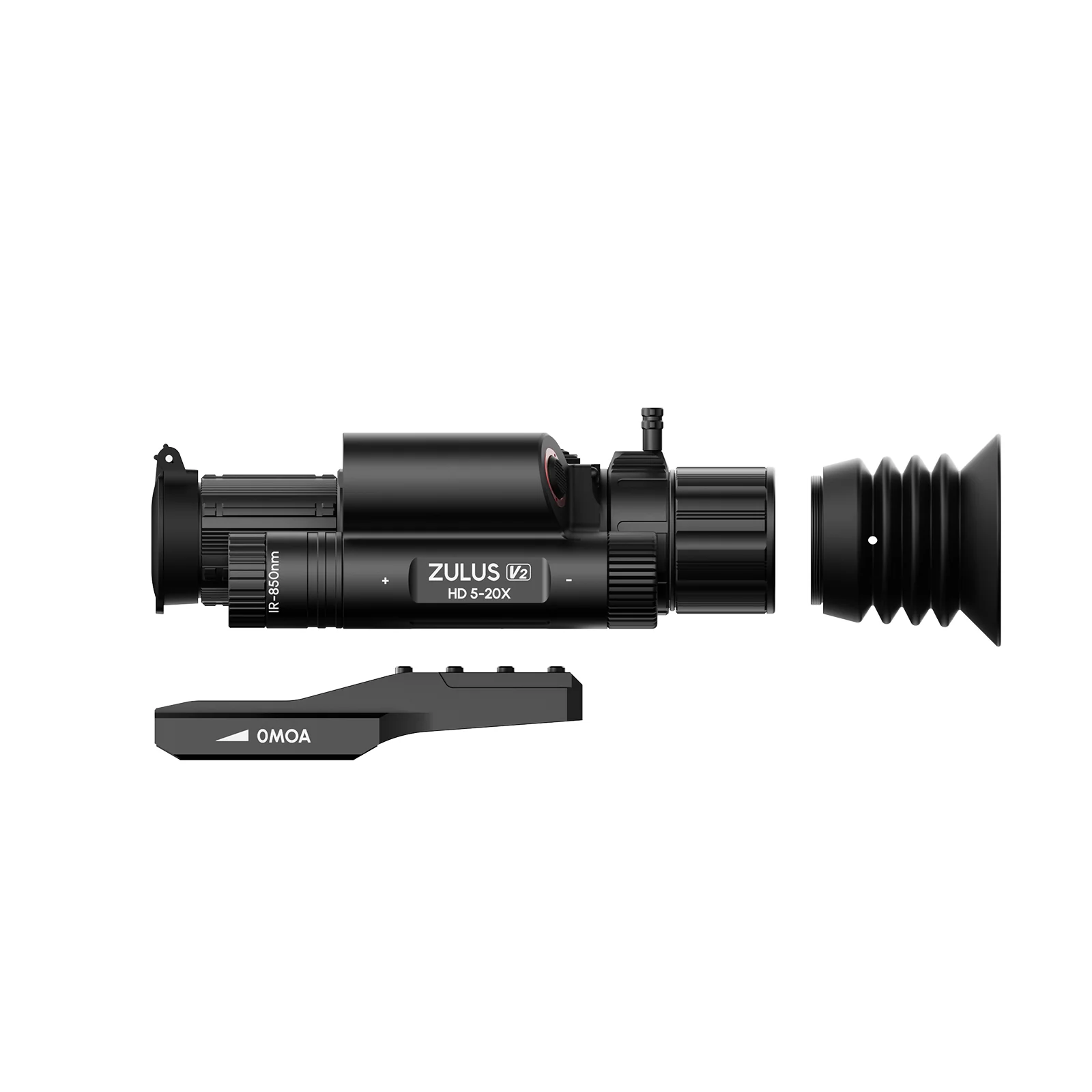 DNT Optics ZHD520R-V2, exploded view showing the scope body, eyecup and PMS 0 MOA mount